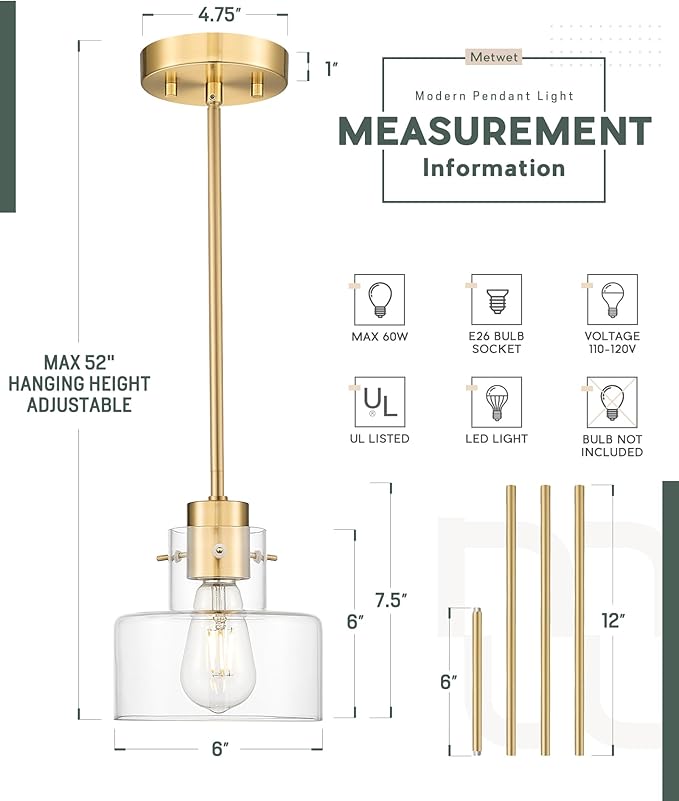 Brushed Gold Pendant Lights Kitchen Island, 6" Pendant Light Fixtures Over Island with Clear Glass Shade, Modern Brass Kitchen Island Lighting for Dining Room Entryway, PL124-BG-G-1PK