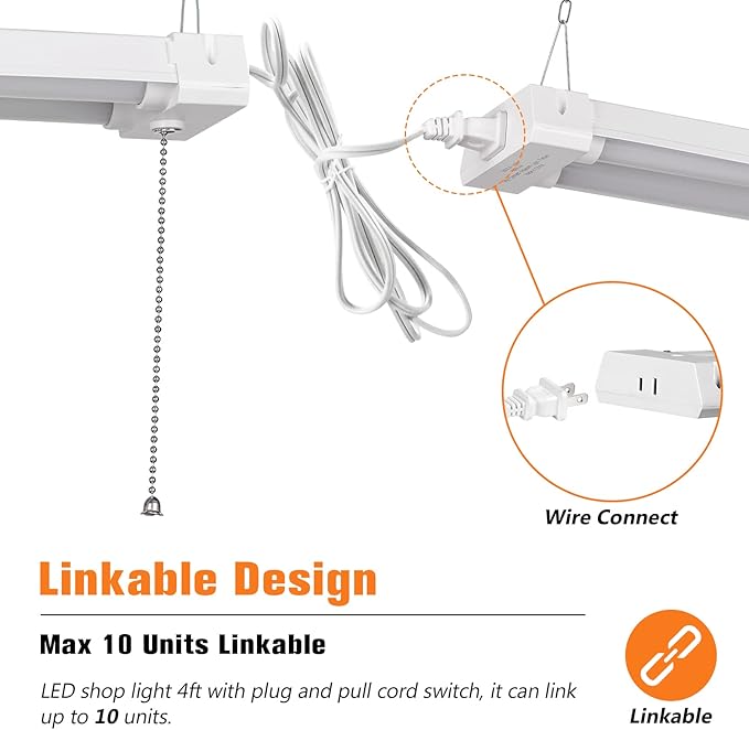 4FT Linkable LED Shop Light for Garages, 42W 4800LM 5000K Daylight Led Shop Lights, Ceiling Light with Pull Chain (ON/Off), Linear Worklight Fixture with Plug, 2 Pack