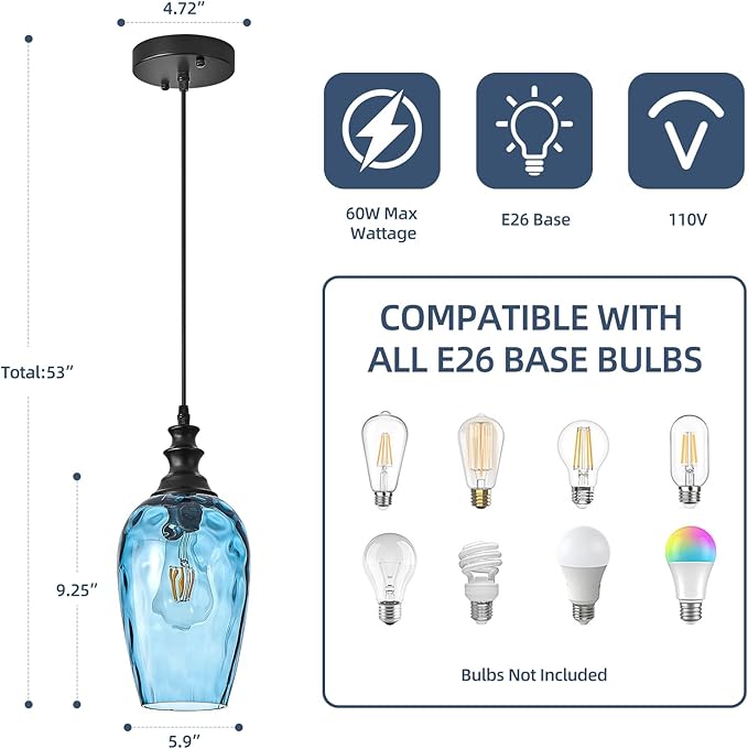 Glass Pendant Lights Kitchen Island, Modern Farmhouse Blue Hanging Indoor Kitchen Island Pendant Lighting, Adjustable Cable, Hand Blown Glass Shade & E26 Base for Bathroom, Hallway, 2 Pack