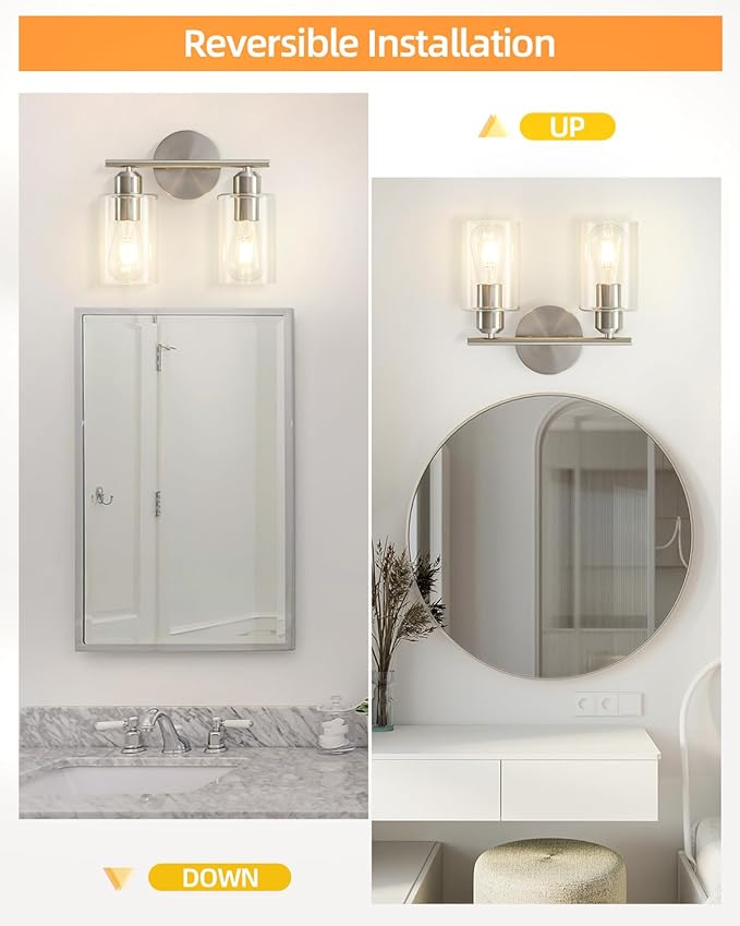 Bathroom Light Fixtures, 2-Light Brushed Nickel Vanity Lights for Bathroom, Modern Bathroom Lighting Fixtures Over Mirror with Clear Glass Shade, Wall Sconce Lighting for Hallway - 2Pack