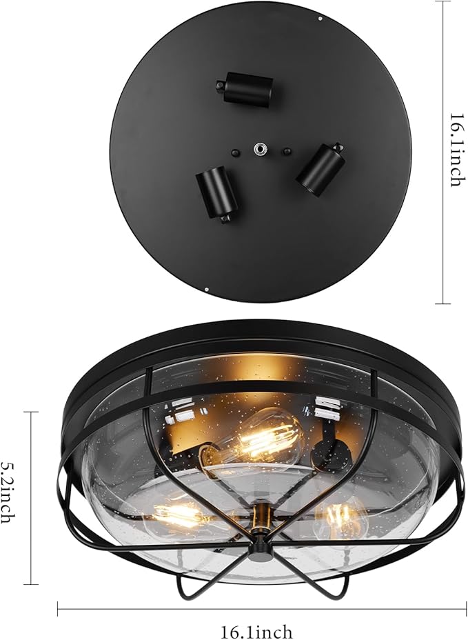16 Inch Light Fixtures Ceiling Mount, Close to Ceiling Light with Seeded Glass, Outdoor Indoor Flush Mount Ceiling Light for Bedroom Living Room Kitchen Porch Hall Patio, ROS91AL-BK