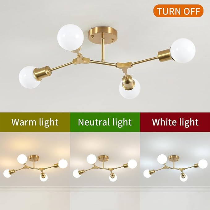 Modern Semi Flush Mount Ceiling Light,Mid Century 4 Light Lighting Fixture for Dining Room Bedroom Kitchen Foyer Entryway Hallway,Metal Gold Sputnik Chandelier