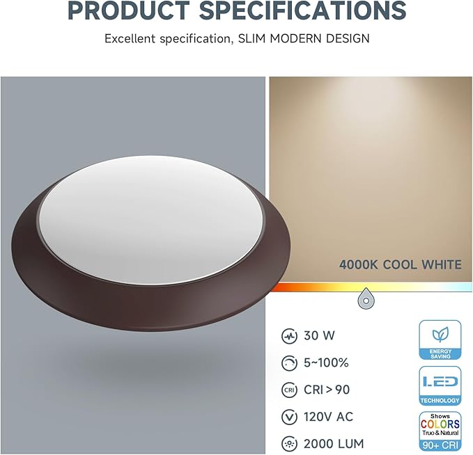 ECOELER 8 inch Bronze LED Round Dimmable Flush Mount Ceiling Light, Aluminum Baffle Trim, 30W LED Disk Light, 2000LM, 4000K Cool White, ETL Approved