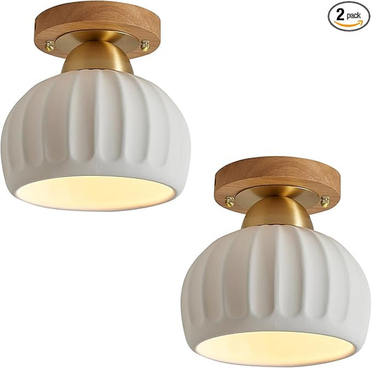 2 Pack Ceramic Wood Brass Semi Flush Mount Ceiling Light Vintage Hallway Light Fixtures, Modern Small Ceiling Mount Light Lamp for Hall Kitchen Entryway Passway Porch Foyer