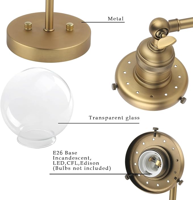 Phansthy 1-Light Wall Sconce, Brass Boho Bathroom Vanity Light, Modern Wall Light with Globe Glass Shade E26 Base, Adjustable Wall Lighting Fixtures for Bedroom, Living Room (Antique, Clear Shade)