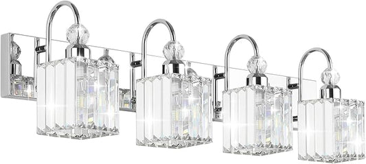 Ralbay Chrome Crystal Vanity Light 4-Lights 31.5'' Modern Bathroom Wall Lighting Over Mirror