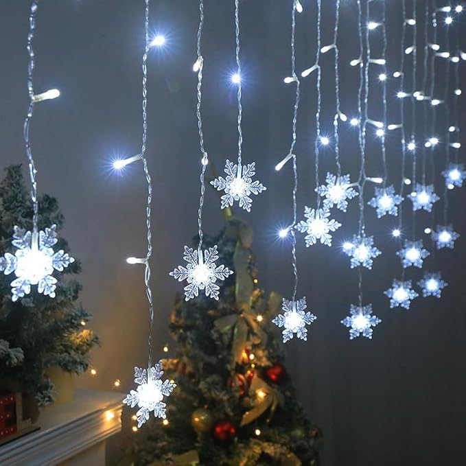 Christmas Snowflakes LED Curtain String Lights 11.5ft/3.5M 96LED Christmas Window Curtain Light Plug in String Light for Xmas Decor,Indoor and Outdoor,Birthday Party,Wedding, Bedroom Patio