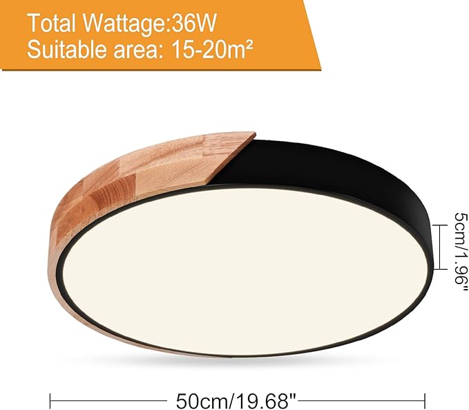 EDISLIVE Ceiling Light Dimmable 19 inch Modern Minimalist LED Round Shaped Wood & Metal & Acrylic Flush Mount Ceiling Light with Remote Control Black