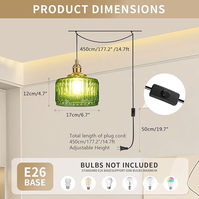 Vintage Plug in Pendant Light Fixture - Small Green Striped Glass Shade Adjustable Modern Hanging Lamp with Plug in Cord On/Off Switch Swag Pendant Lights for Kitchen Living Room