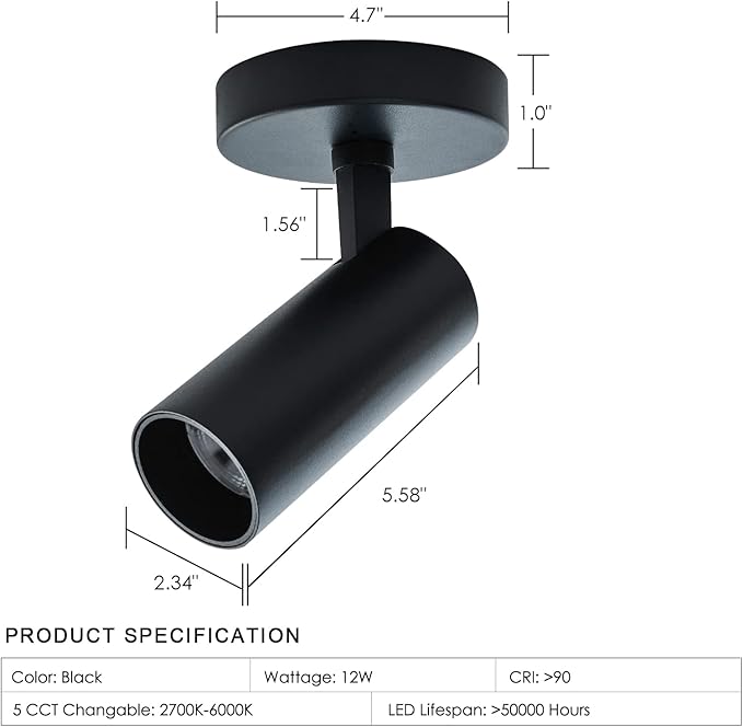 LED Ceiling Spotlight 5CCT 2700K/3000K/3500K/4000K/6000K Selectable Dimmable,Spot Light Indoor Adjustable Flush Mount Lights Fixture 12W CRI 90+, Tilt Angle Accent Lighting, Black 2 Packs