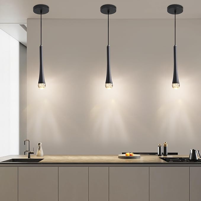 3 Pack Modern Black LED Pendant Light, Kitchen Island Ceiling Hanging Lights, Teardrop Bubble Crystal, 3 Color 2700K/4500K/6500K, Bedside Small Chandeliers Lamps for Bar, Dining Room, Hallway, Foyer