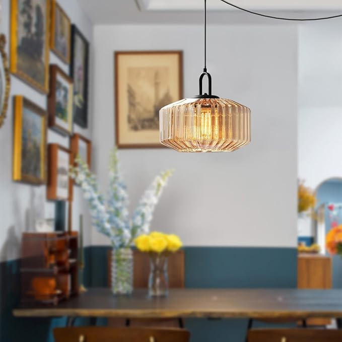 Plug in Pendant Lights Amber Glass Lampshade Large Globe Hanging Lamp Kitchen Island Mid Century Hanging Lamp with 14.7 ft Plug in Cord Swag Style Plug in Light Fixture for Living Room