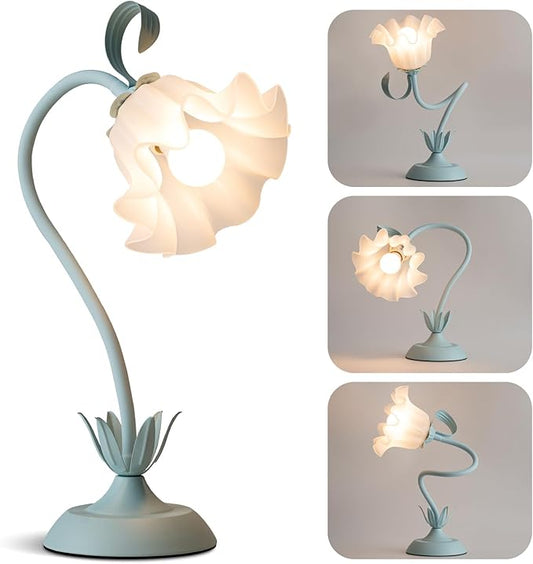 WERFOP Flower Table Lamp, LED Reading Light Vintage Bedside Table Lamp with 3 Color Modes for Nightstand, Kawaii Decoration for Home Bedroom Living Room (Blue)