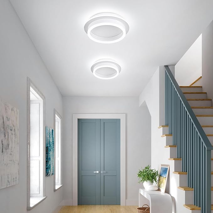 CANEOE Round Modern Led Ceiling Light Fixture, 24W LED Flush Mount Ceiling Lamp, Black Small Hallway Ceiling Light for Dining Room Bedroom Kitchen Bathroom Entryway Lighting Fixtures (White)