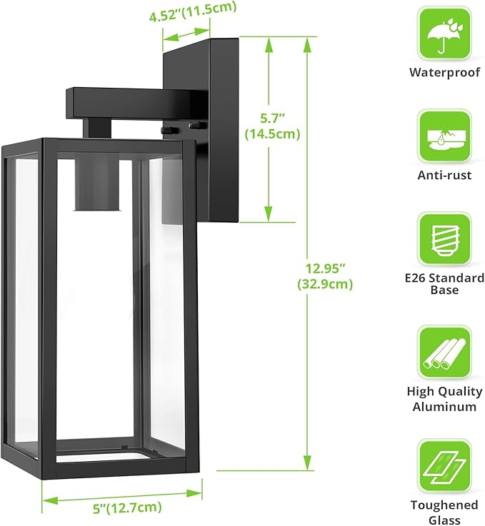 MAXvolador Outdoor Wall Sconce, Exterior Waterproof Wall Lantern Light Fixtures, Black Porch Lights with Toughened Glass Shade, Anti-Rust E26 Socket Front Door Mount Lighting, 2 Pack