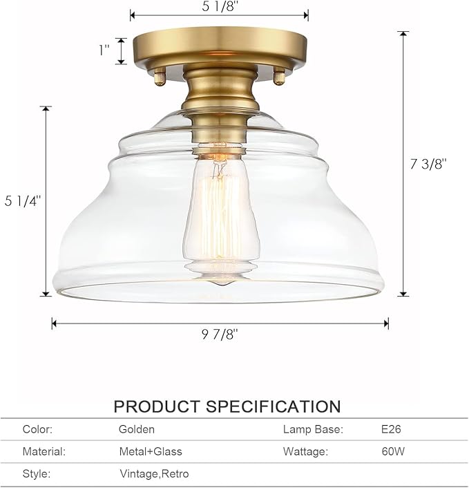MEXO Industrial Semi Flush Mount Ceiling Light Modern Clear Glass Light Fixture Farmhouse 10" Close to Ceiling Lights in Brushed Gold for Hallway Bedroom, Kitchen Entryway Cafe Bar Porch Dinning Room