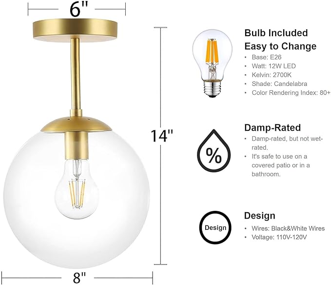 Gold Semi Flush Mount Ceiling Light Globe Ceiling Light Brass Finish with Clear Glass Shade, Contemporary Mid Century Modern Style Lighting for Hallway Living Room Bedroom Storage Kitchen (Bulb Incl.)