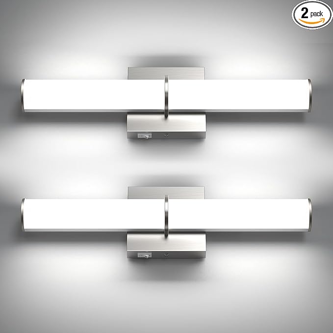 OOWOLF 17.3" Modern Vanity Light Fixture with Switch, 12W 5000K Led Bathroom Light Fixture Over Mirror, Hardwired, Brushed Nickel 1200LM Vanity Light Bar for Mirror Bedroom Hallway Living Room 2Pack