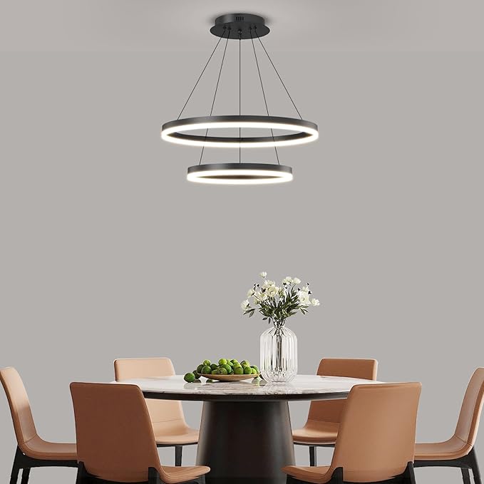 2 Ring Dimmable LED Modern Chandelier, Adjustable Hanging Foyer Pendant Light for Kitchen Island, Living Room, Entryway, 3000K-6500K Black Ceiling Pendant Light Fixture Over Dining Table Lighting
