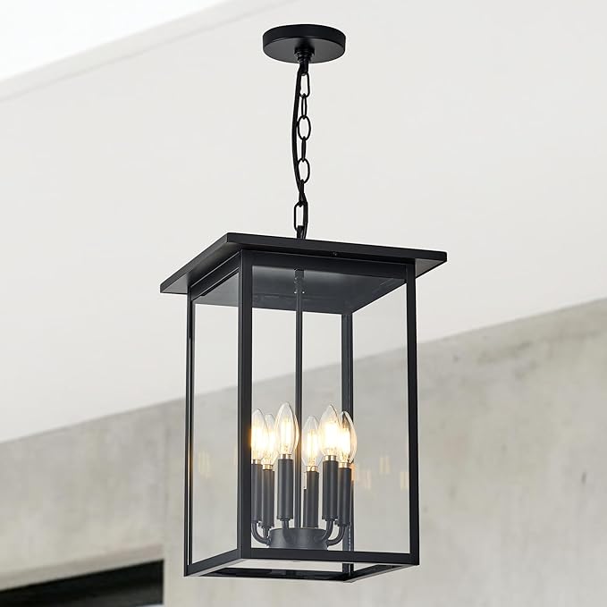 Outdoor Chandelier Modern Pendant Light,6 Light Black Exterior Ceiling Hanging Lanterns with Clear Glass, Farmhouse Outdoor Chandelier for Front Door Entry Patio, (Bulb Not Included)