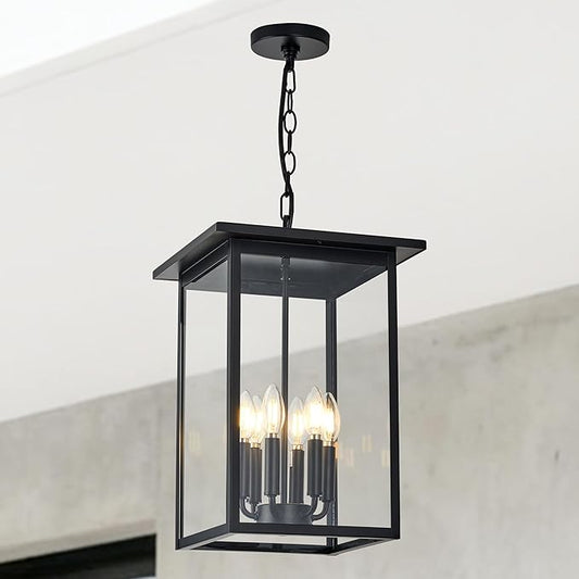 Outdoor Chandelier Modern Pendant Light,6 Light Black Exterior Ceiling Hanging Lanterns with Clear Glass, Farmhouse Outdoor Chandelier for Front Door Entry Patio, (Bulb Not Included)