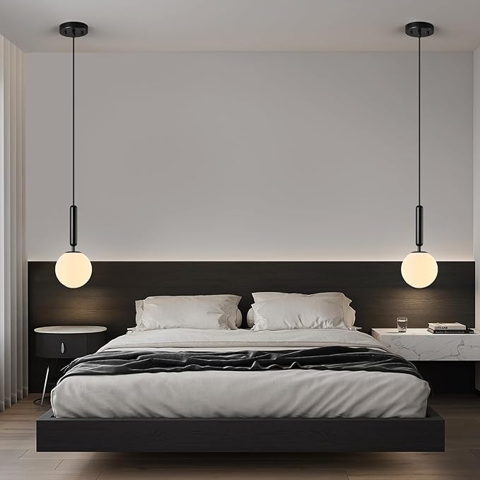 Modern Hanging Light Fixture Pendant Lighting for Kitchen Island Mid Century Black Pendant Lights with Globe Milky White Glass Pendant Light for Bedroom Bathroom Entryway (2 Pack)