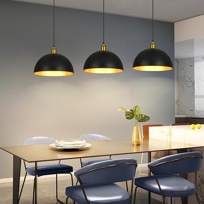 Pendant Lights Kitchen Island - 12-Inch Farmhouse Dome Hanging Light Fixture, Black and Gold Industrial Ceiling Light Adjustable Kitchen Pendant Lighting for Dining Room, Bedroom, Living Rooms