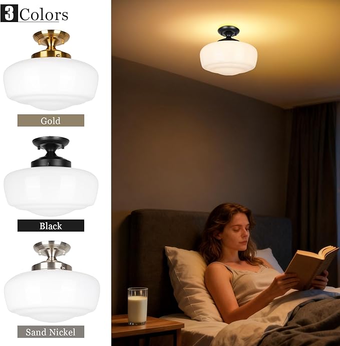 Large Schoolhouse Style Semi Flush Mount Ceiling Light Fixture, 14" Modern Hallway Ceiling Lamp with Opal Milk Glass Shade, Farmhouse Globe Light for Bedroom Kitchen Hallway Entryway Laundry