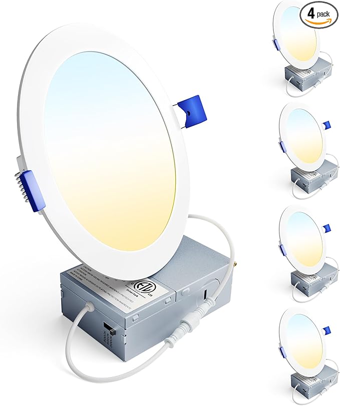 Ensenior 4 Pack 6 Inch LED Recessed Light, Dimmable, 3000K-5000K 3CCT, 1200LM High Brightness, 12W 120V, 3 Pin, ERL-12X-ETL, Damp Rated, Ultra-Thin Canless Wafer Ceiling Light - ETL & FCC & IC