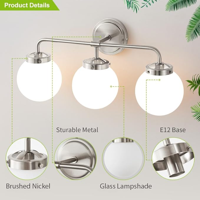 Bathroom Light Fixtures Over Mirror, Brushed Nickel Modern Vanity Lights with Milk White Glass Globe Shades 3-Light Farmhouse Wall Sconce Lighting