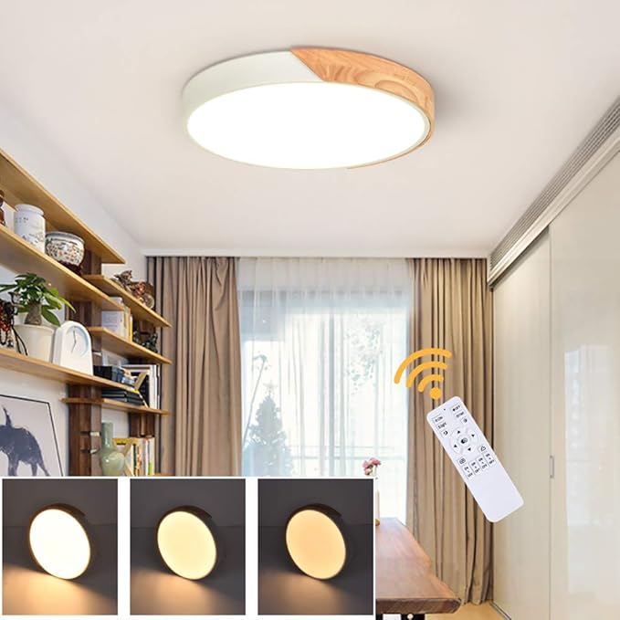 EDISLIVE Dimmable LED Ceiling Light 15 inch Modern Minimalist LED Round Shaped Wood & Metal & Acrylic Flush Mount Ceiling Light with Remote Control White