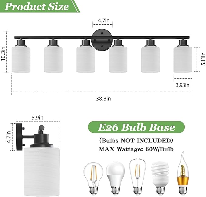 6-Light Bathroom Light Fixtures, Vanity Lights for Mirror with Textured Milky White Glass Shade, E26 Base Modern Kitchen Light Fixtures Wall Sconce Light - Black