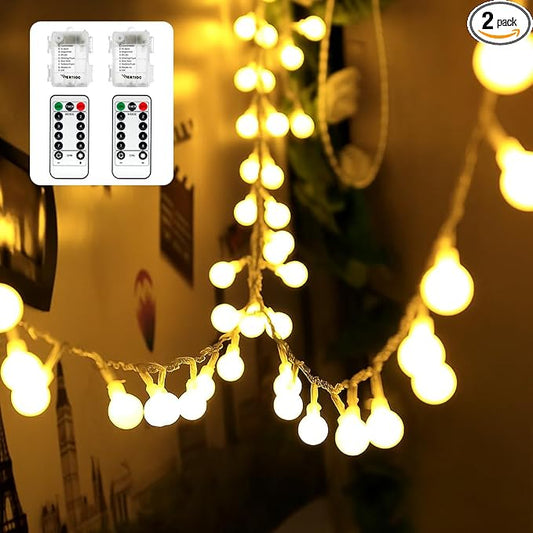 WERTIOO 2 Pack Battery Operated String Lights 33ft 100 LEDs Globe Fairy Lights with Remote Control for Outdoor/Indoor, Tent, Camping, Bedroom,Garden,Christmas Tree[8 Modes,Timer ] (Warm White)