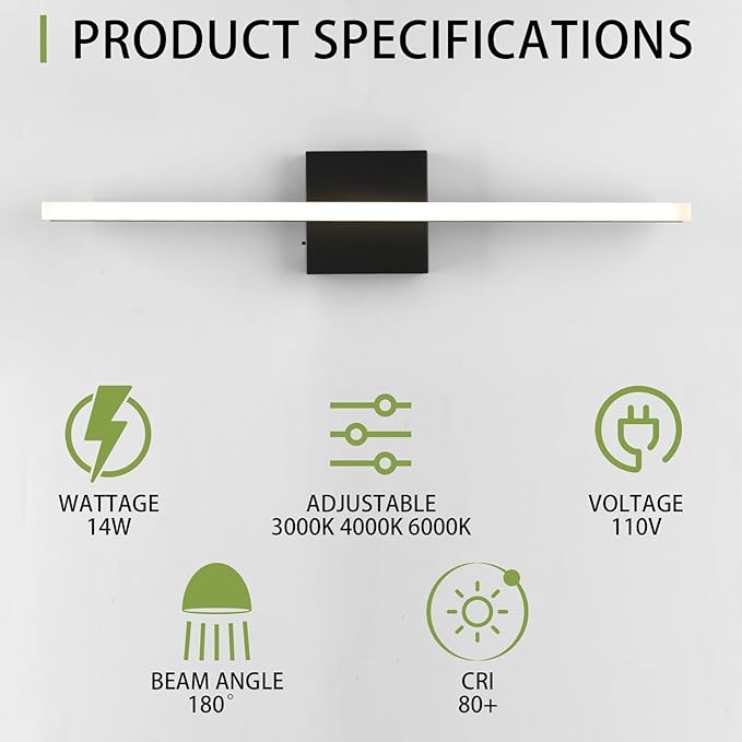 LED Bathroom Vanity Light, 14W Bathroom Mirror Light Fixtures, 3 Color Temperatures 24 Inch Black Wall Sconce for Makeup, Modern LED Bath Wall Lamp for Bathroom & Bedroom IP44
