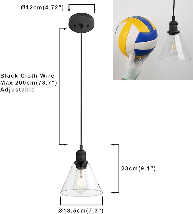 Yosoan 1-Light Vintage Edison Hanging Pendant Light, Mini Semi Flush Mount Light Fixture Funnel Flared Clear Glass Shade for Kitchen Bathroom Porch Living Room Dinning Room Hotels Bar Island(Black)