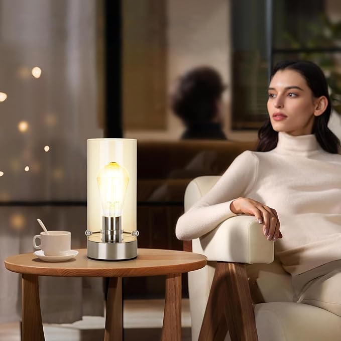 Bedside Table Lamp for Bedroom Living Room, Modern Nightstand Lamp with Glass Lamp Shape, 2700K 6W Glass Bulb Included(Nickel).