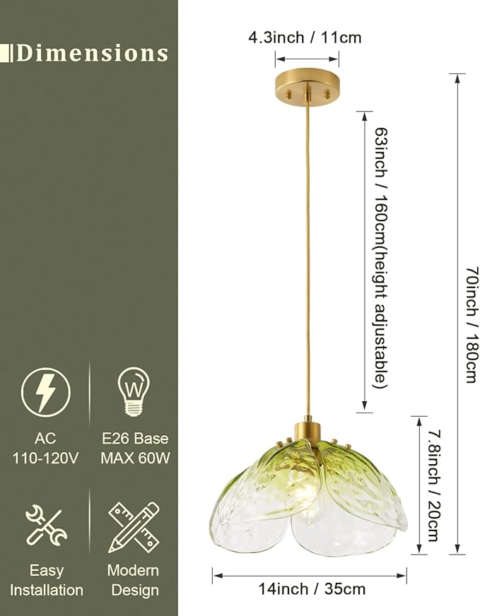 Vintage Gradient Green Pendant Light,Bronze Pendant Lighting Fixture with Handmade Leaf Glass for Bedroom,Kitchen,Hallway,Entryway