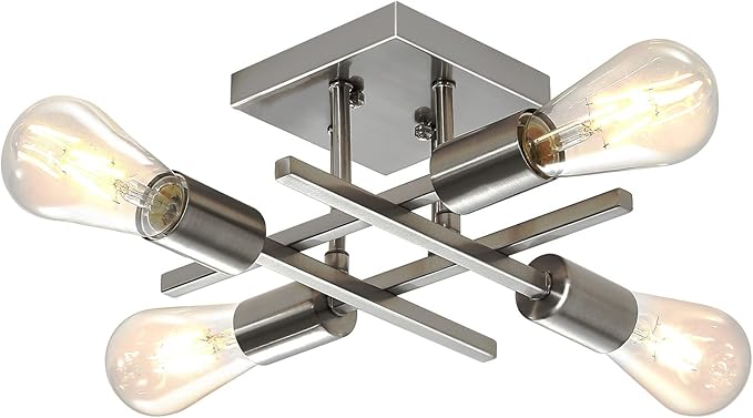 4-Light Semi Flush Mount Ceiling Light, Modern Brushed Nickel Close to Ceiling Light Fixtures, Easy Assembled, House Indoor Ceiling Lights for Bedroom Living Room Entryway