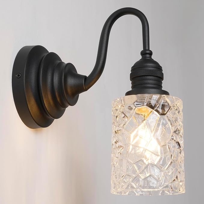 Vintage Wall Sconce 1-Light Black Bathroom Vanity Light with Clear Ripple Glass Shade Hardwire Farmhouse Wall Lamp Fixture for Bathroom Mirror Living Room Bedroom Kitchen Indoor