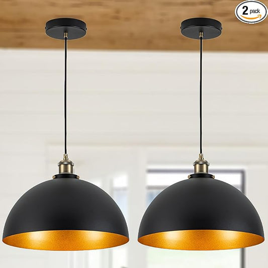 13.78" Modern Industrial Black Pendant Light 2-Pack Vintage Farmhouse Black Gold Pendant Light Fixture Dome Golden Pendant Lights for Kitchen Island, Dining Room, Bedroom, Hallway, Entryway
