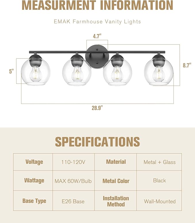 Emak 29 Inch Black Bathroom Light Fixtures, 4-Light Vanity Light with Clear Glass Shade, Globe Vanity Lights for Bathroom, VL114-BKL-4