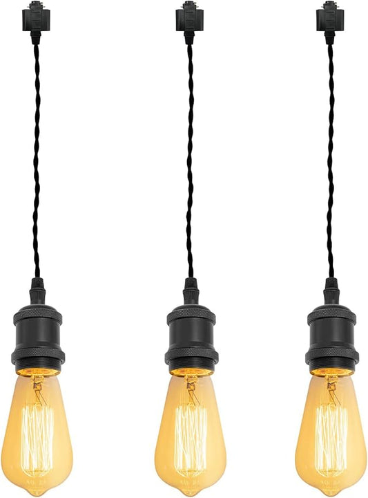 Kiven H-Type Wire Track LightPendants, 39.4 Inch Cord Length Black Weave Rope, Restaurant DecorativePendant Light Industrial Pendant Lamp 3 Pack,Bulb Not Included（Matte Black）