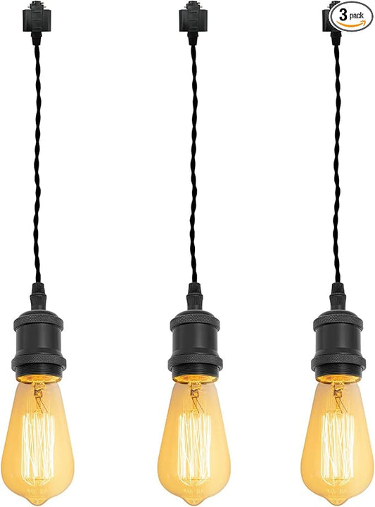 Kiven H-Type Wire Track LightPendants, 11.8 Inch Cord Length Black Weave Rope, Restaurant DecorativePendant Light Industrial Pendant Lamp 3 Pack,Bulb Not Included（Matte Black）