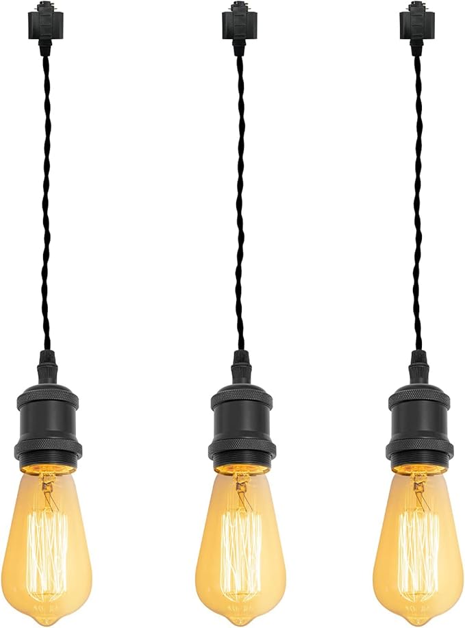 Kiven H-Type Wire Track LightPendants, 23.6 Inch Cord Length Black Weave Rope, Restaurant DecorativePendant Light Industrial Pendant Lamp 3 Pack,Bulb Not Included（Matte Black）