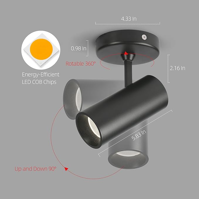 Aisilan Led Modern Directional Dimmable Spotlight Adjustable 90° Anti Glare Ceiling Spot Light for Indoor Foyer Living Room Warm White Black 9W CREE COB CRI 97 MSD015PB3K9WDim