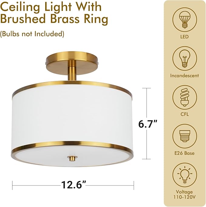 12.6" Semi Flush Mount Ceiling Light Fixtures,3-Light Drum Light,Antique Brass with White Fabric Shade,Light Fixtures Ceiling Mount for Bedroom,Dinning Room,Living Room,Nursery, Kitchen