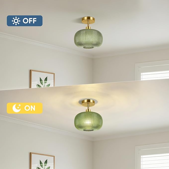 ROTTOGOON Semi Flush Mount Ceiling Light, Adjustable Hanging Gold Sloped Ceiling Lights with Green Glass Shade Vintage Hallway Light Fixtures for Kitchen Bathroom Entryway Bedroom (Bulb Not Included)