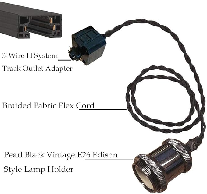 Kiven 3-Lights H System Track Mini Pendant, Pearl Black Finish Lamp Holder Fitting Track Light Kit, Rose Pendant Braided Fabric Flex Cord Length 11.81 in,TB0123-30CM