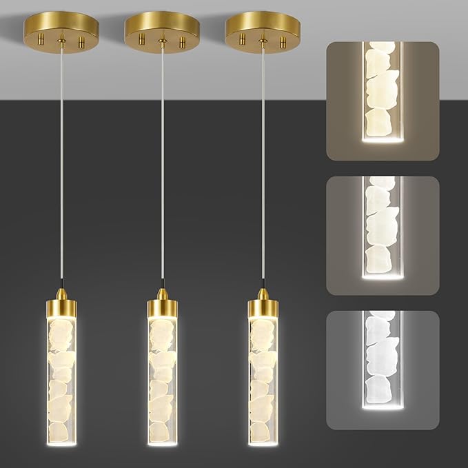 Pendant Lights Kitchen Island, Modern Mini Pendant Light Fixtures with Crystal Stone, Dimmable LED Chandelier, Gold Hanging Light Fixture for Dining Room Hallway, 3000K/4000K/5000K Adjustable, ETL