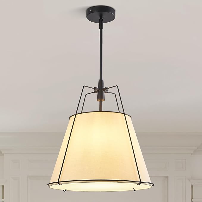 Modern Pendant Light Fixtures with 16" Off-White Linen Fabric Shade, Adjustable Hanging Light Fixture,3-Light Drum Black Vintage Chandelier for Kitchen Island Bedroom Dining Room Foyer